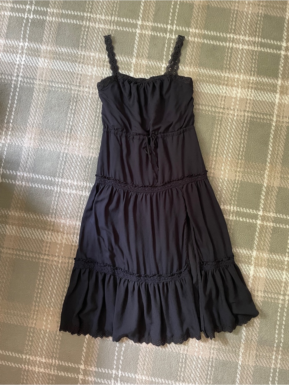 Paige black cotton lace trim tiered midi dress S